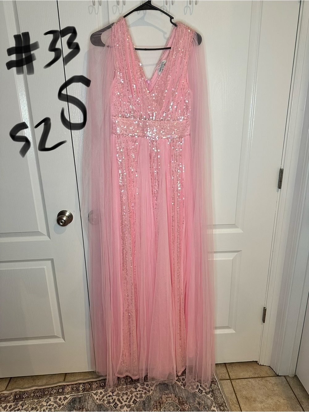 Pink Sequined Tulle Gown with V-Neck